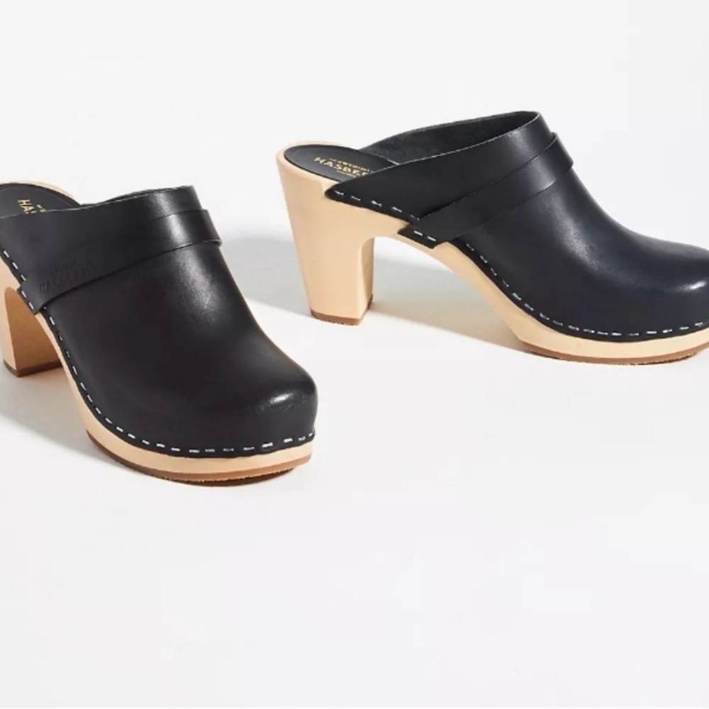 Swedish Hasbeens Black Wood Anthropologie Clogs